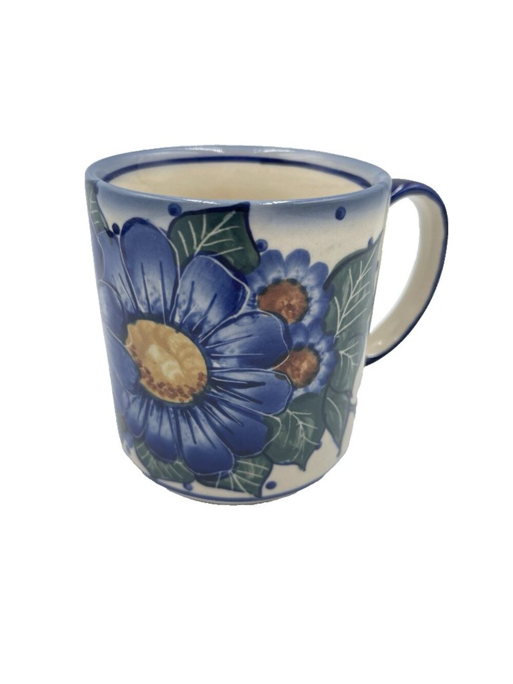 Bunzlau Unikat WR Signed Hand Painted Blue Floral Coffee Mug Cup Poland
